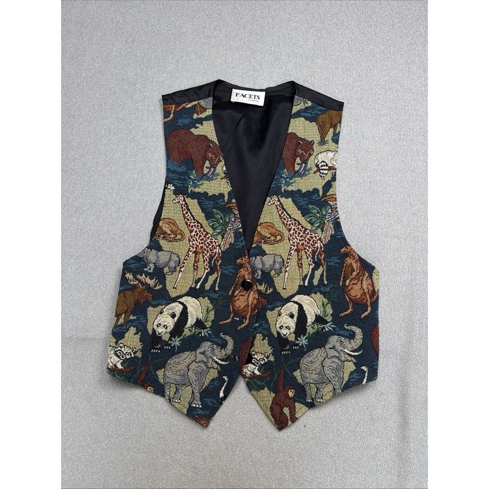 Vintage Facets Animal Tapestry Vest Womens Safari Wildlife Elephant Giraffe